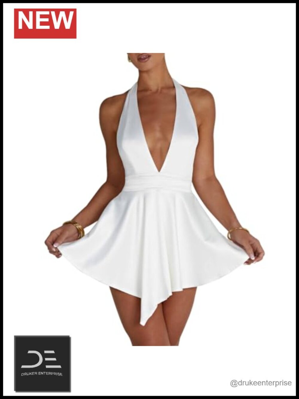 Sleeveless Halter Deep V Neck Backless Tie Waist Satin Mini Dress